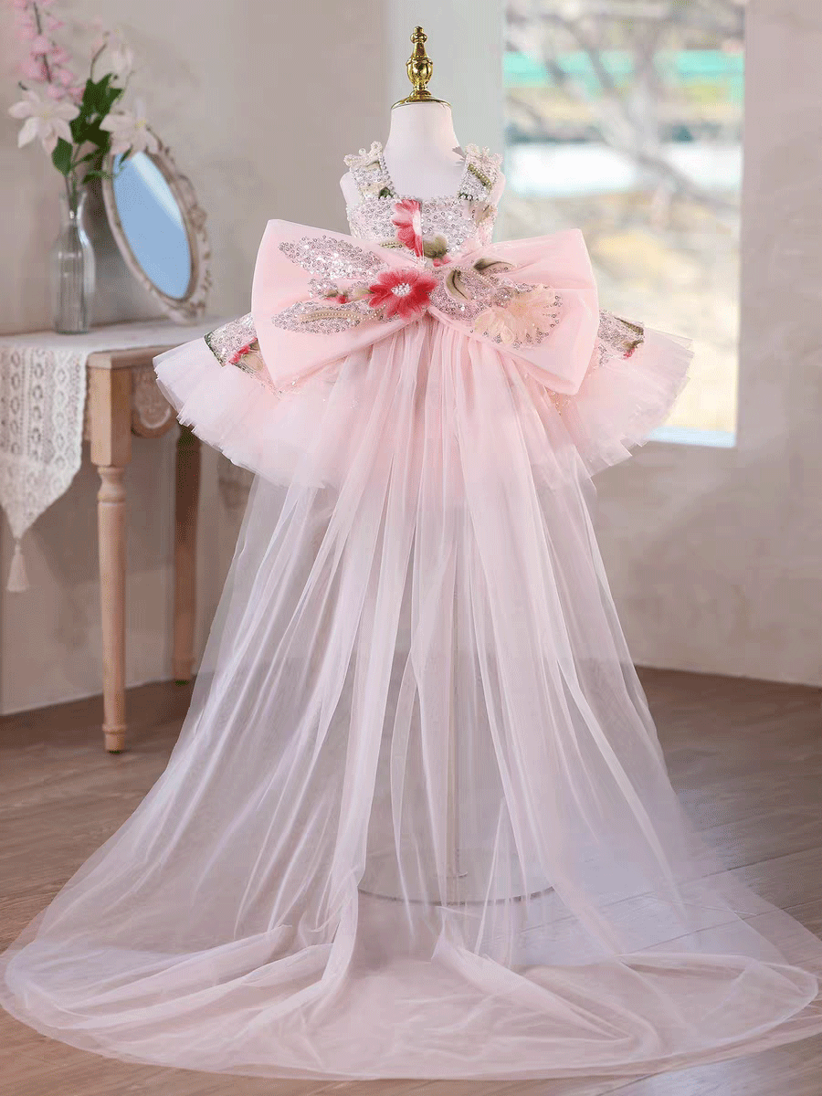 Sequin Floral Flower Girl Dress with Tulle Train J886 - view 16