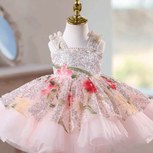 Sequin Floral Flower Girl Dress with Tulle Train J886 - view 15