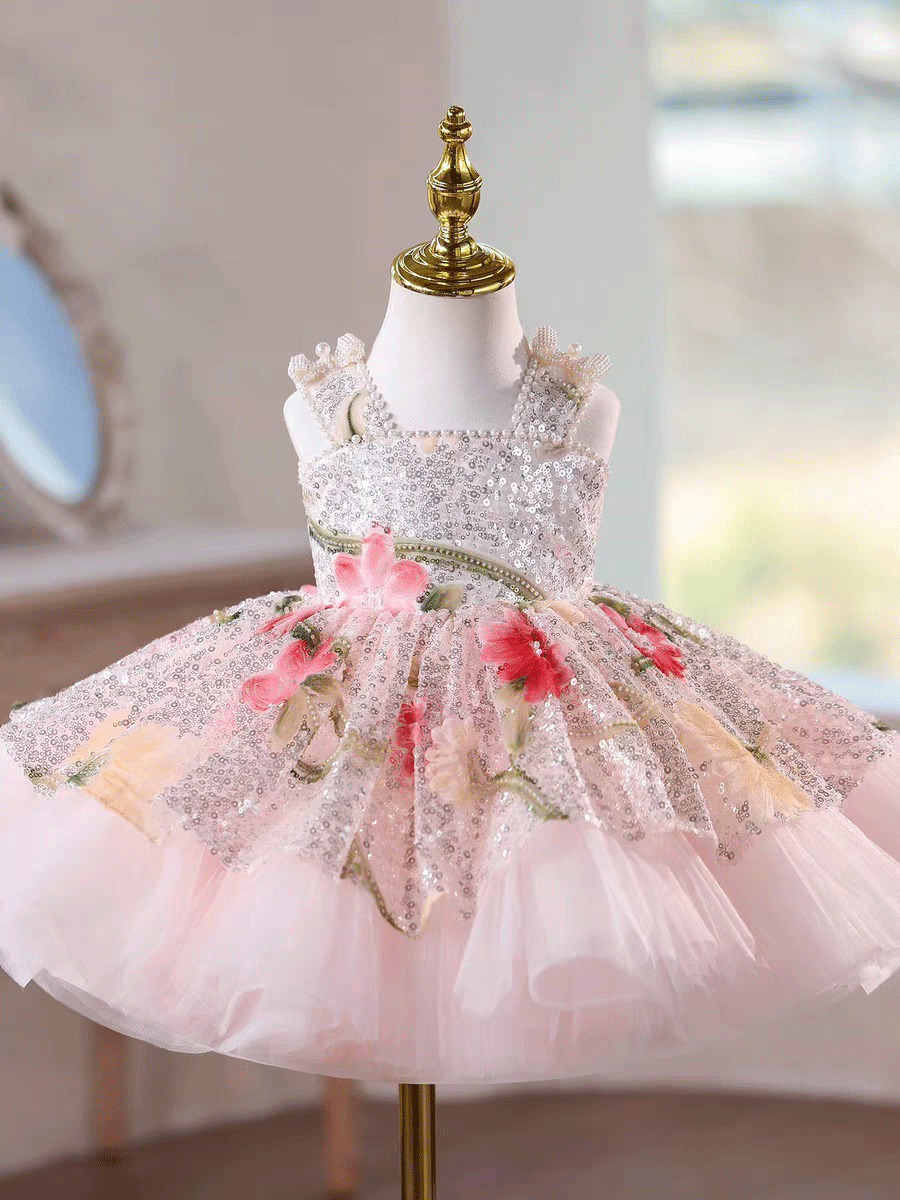 Sequin Floral Flower Girl Dress with Tulle Train J886 - view 15