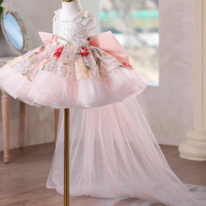 Sequin Floral Flower Girl Dress with Tulle Train J886 - view 17