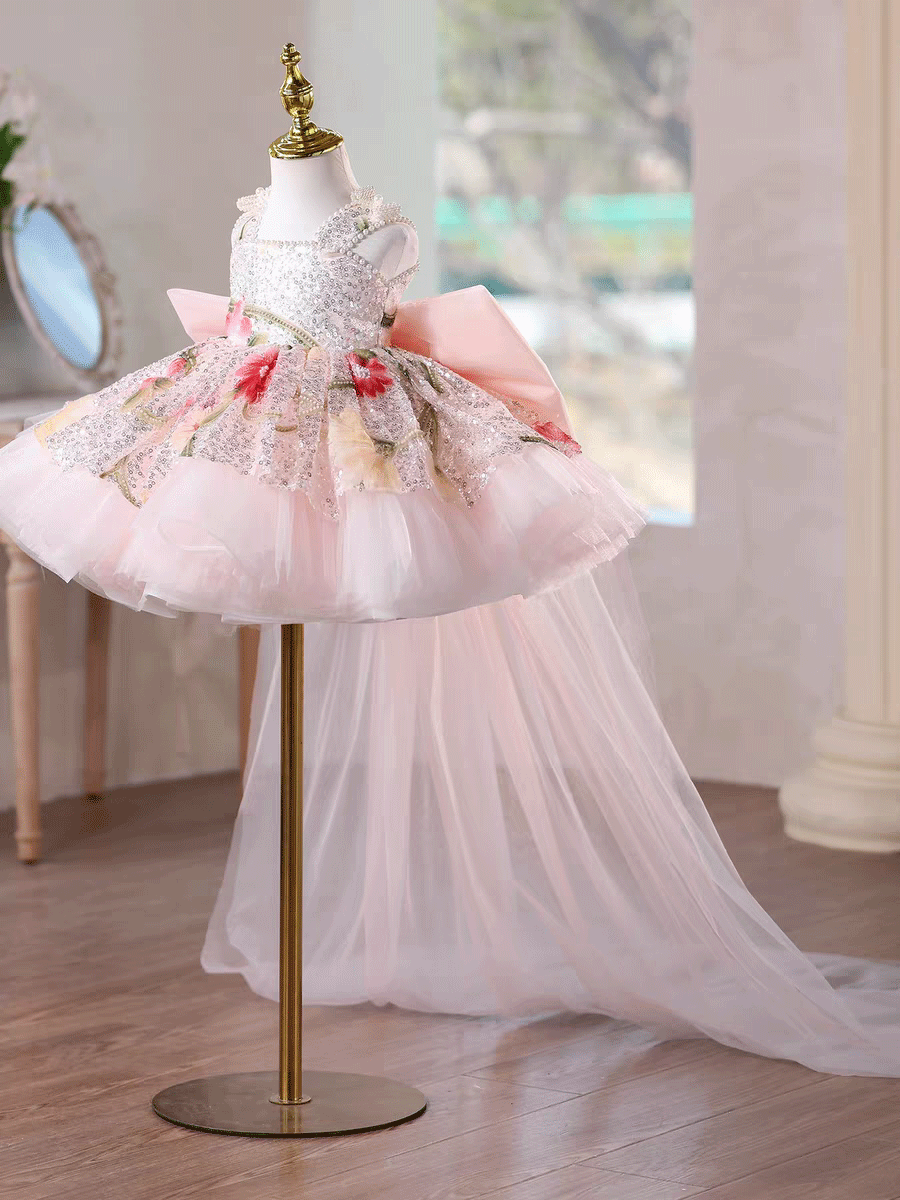 Sequin Floral Flower Girl Dress with Tulle Train J886 - view 17