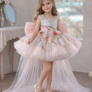 Sequin Floral Flower Girl Dress with Tulle Train J886 - view 14