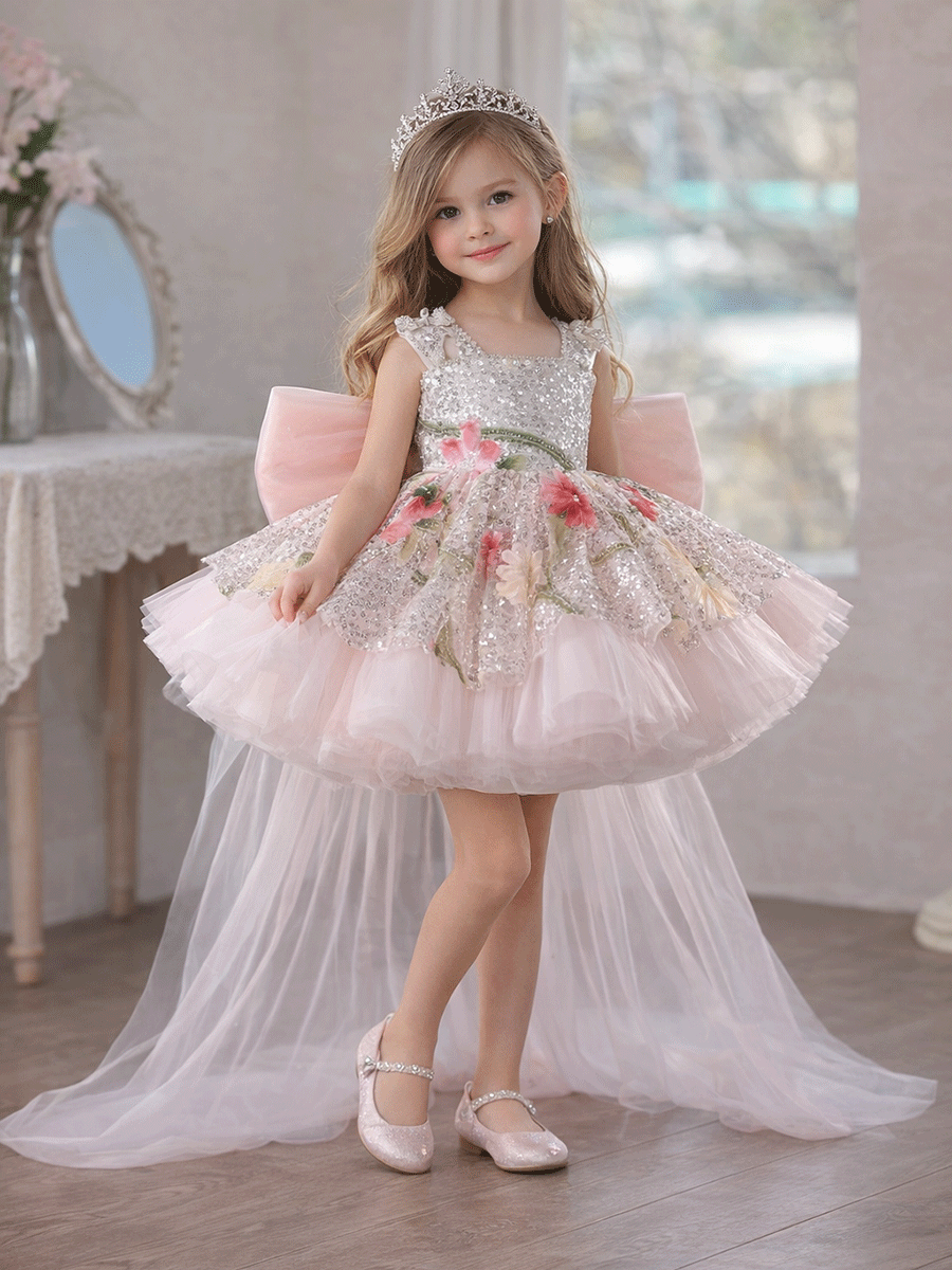 Sequin Floral Flower Girl Dress with Tulle Train J886 - view 14