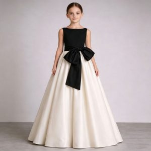 Ivory and Black Satin Flower Girl Dress with Bowknot D345