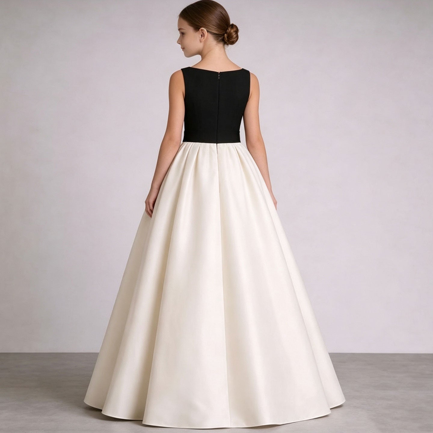 Ivory and Black Satin Flower Girl Dress with Bowknot D345 - view 2