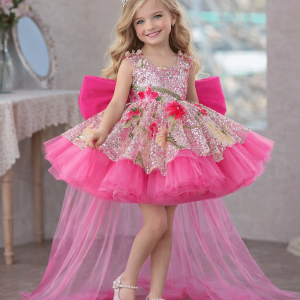 Sequin Floral Flower Girl Dress with Tulle Train J886 - view 11