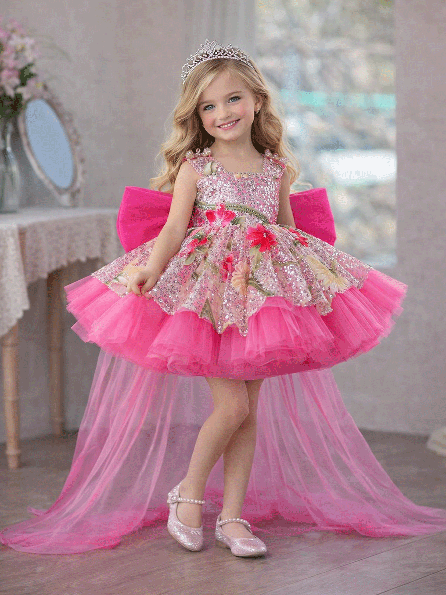Sequin Floral Flower Girl Dress with Tulle Train J886 - view 11
