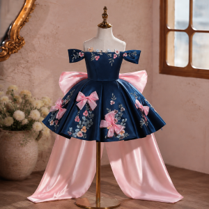 White Off-Shoulder Floral Satin Toddler Girl Dress with 3D Bows J883 - view 13