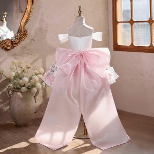 White Off-Shoulder Floral Satin Toddler Girl Dress with 3D Bows J883 - view 10