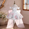 White Off-Shoulder Floral Satin Toddler Girl Dress with 3D Bows J883