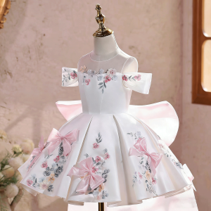 White Off-Shoulder Floral Satin Toddler Girl Dress with 3D Bows J883 - view 11