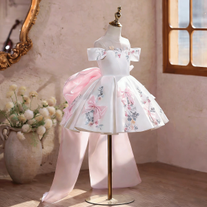White Off-Shoulder Floral Satin Toddler Girl Dress with 3D Bows J883 - view 12