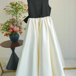 Ivory and Black Satin Flower Girl Dress with Bowknot D345 - view 3