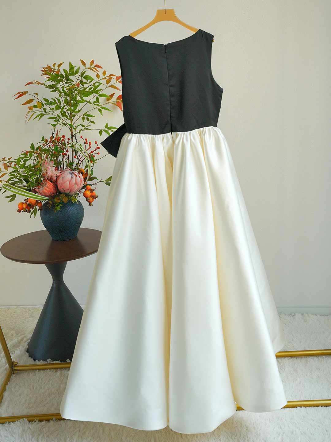Ivory and Black Satin Flower Girl Dress with Bowknot D345 - view 3