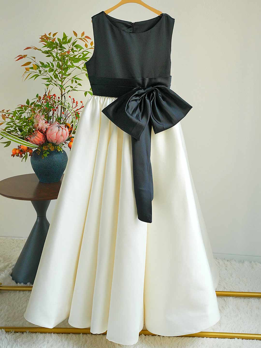 Ivory and Black Satin Flower Girl Dress with Bowknot D345 - view 4