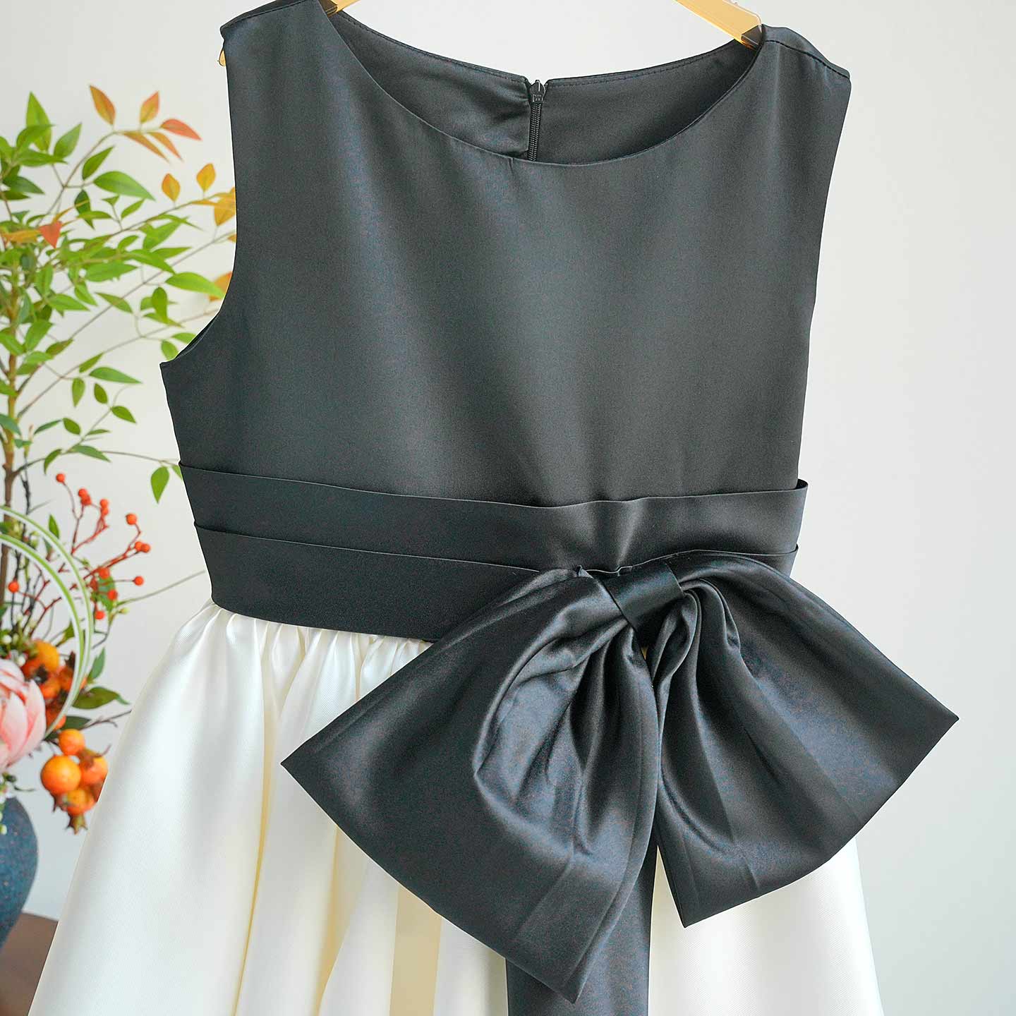 Ivory and Black Satin Flower Girl Dress with Bowknot D345 - view 5