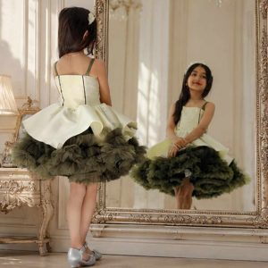 Olive Green Ruffle Tulle Flower Girl Dress M055 - view 4