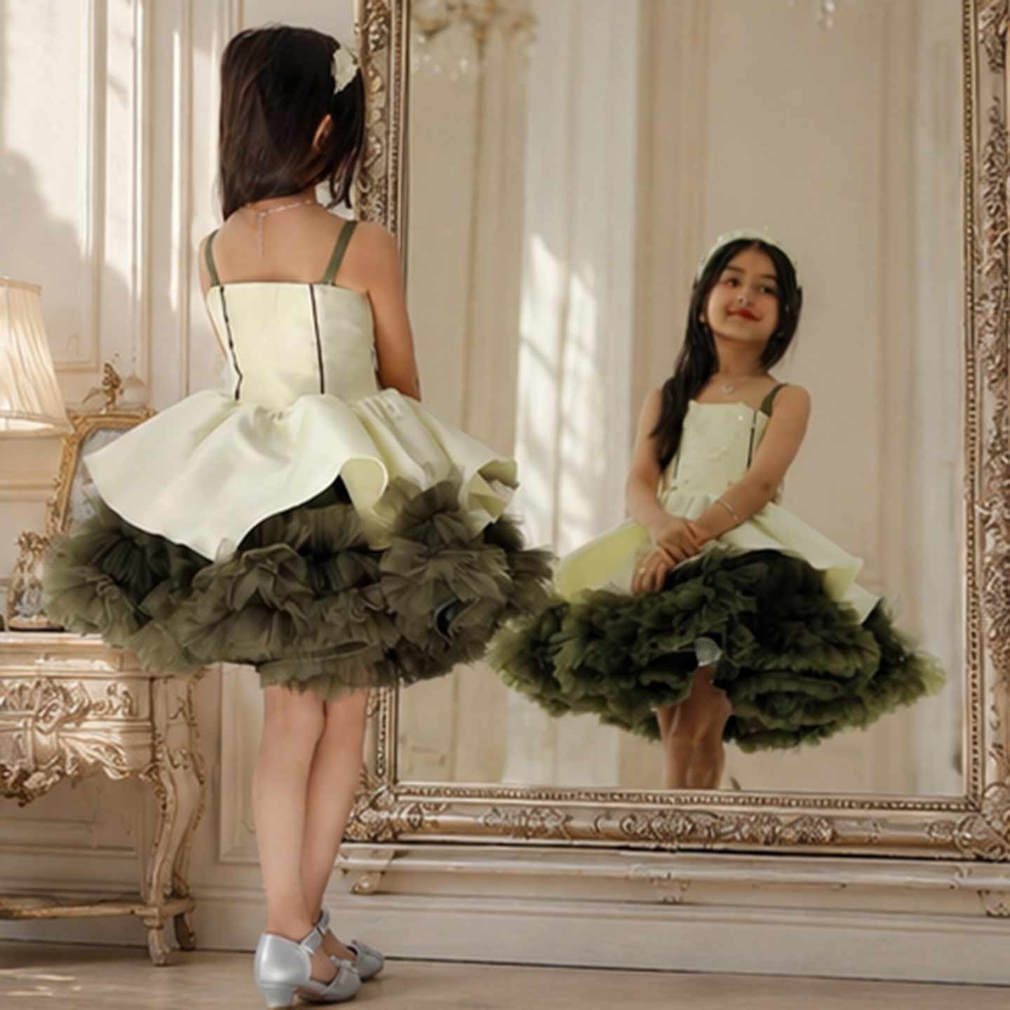 Olive Green Ruffle Tulle Flower Girl Dress M055 - view 4