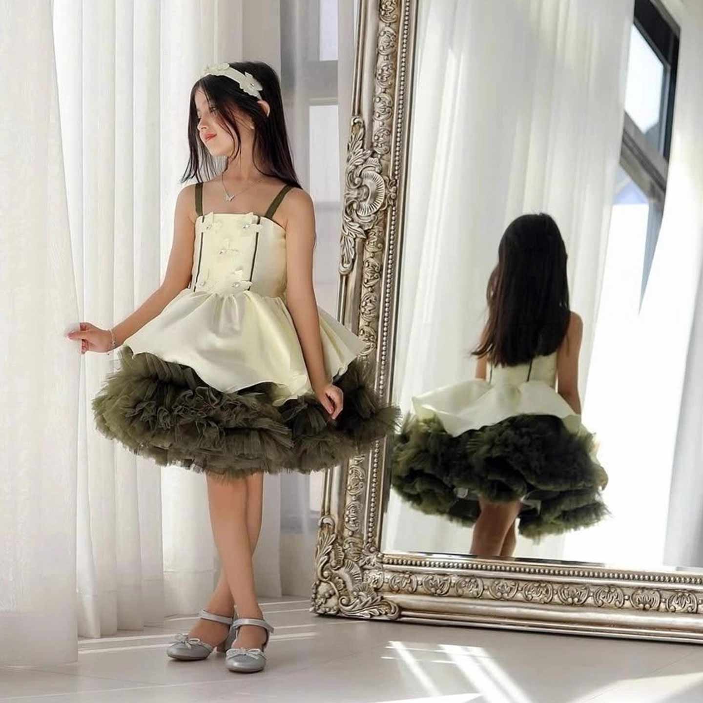 Olive Green Ruffle Tulle Flower Girl Dress M055 - view 5