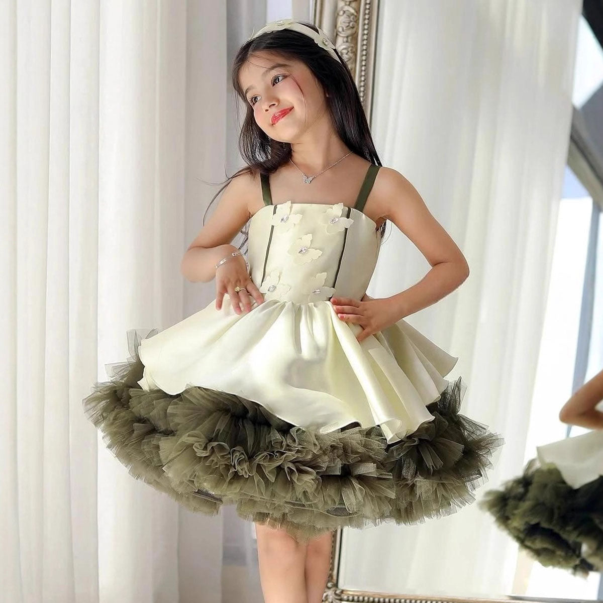 Olive Green Ruffle Tulle Flower Girl Dress M055