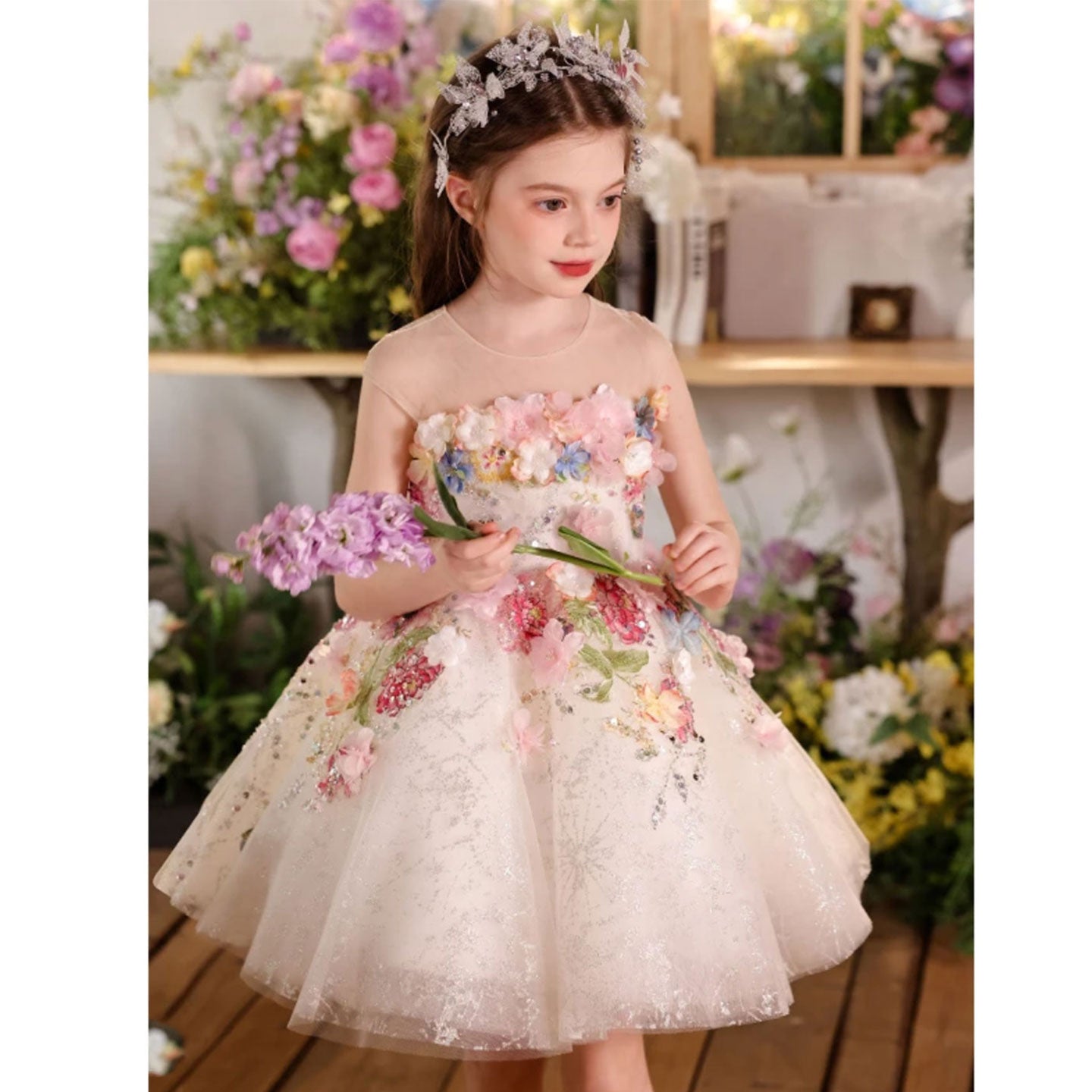 Floral Flower Girl Dress Knee-Length Pageant and Party Dress J404A - view 7