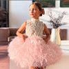 Pink Feather Flower Girl Dress Fluffy Princess Party Gown M005