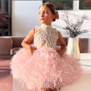 Pink Feather Flower Girl Dress Fluffy Princess Party Gown M005