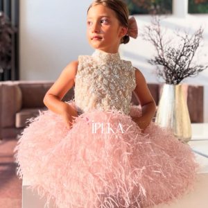 Pink Feather Flower Girl Dress Fluffy Princess Party Gown M005 - view 5