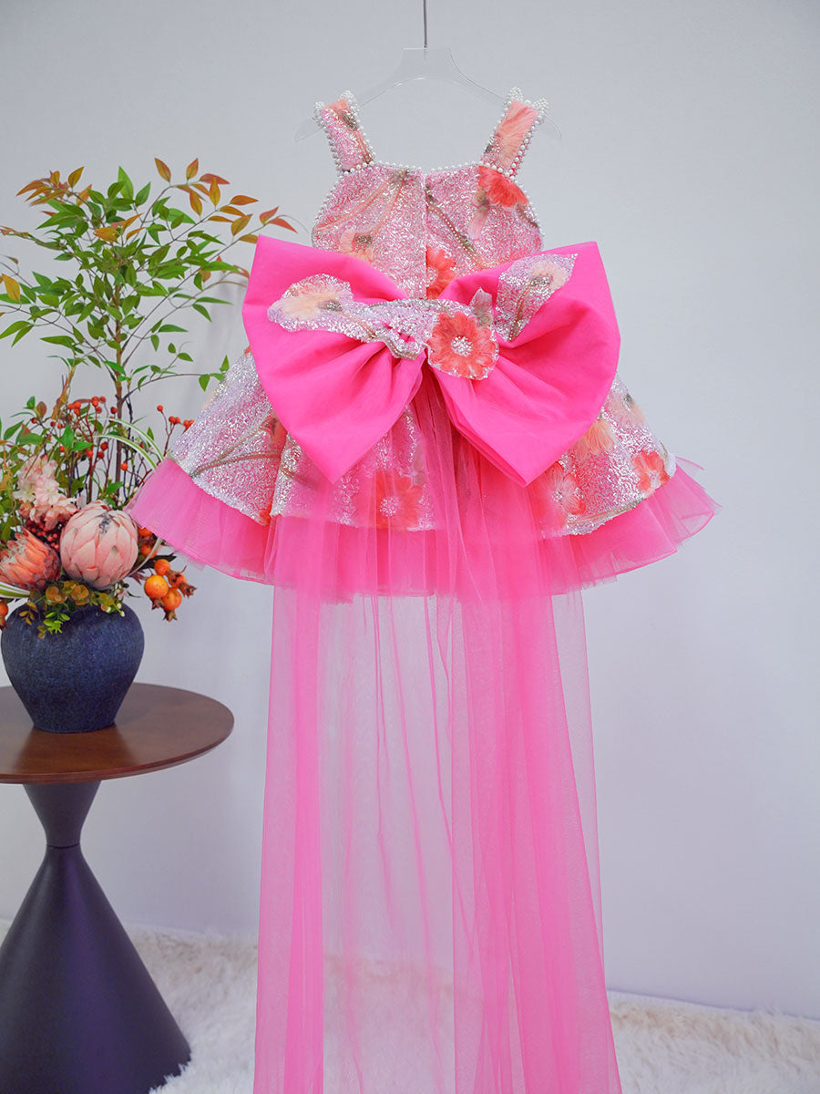 Sequin Floral Flower Girl Dress with Tulle Train J886 - view 9