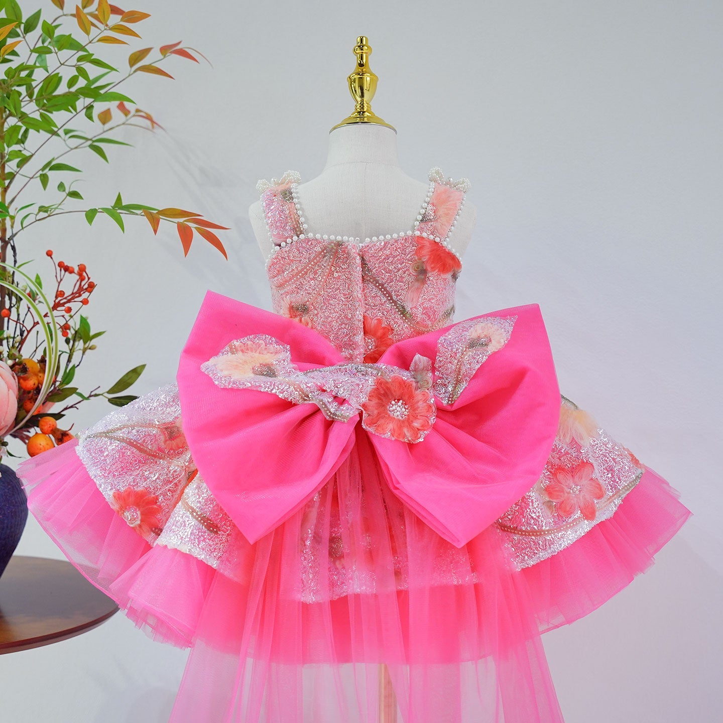 Sequin Floral Flower Girl Dress with Tulle Train J886 - view 6
