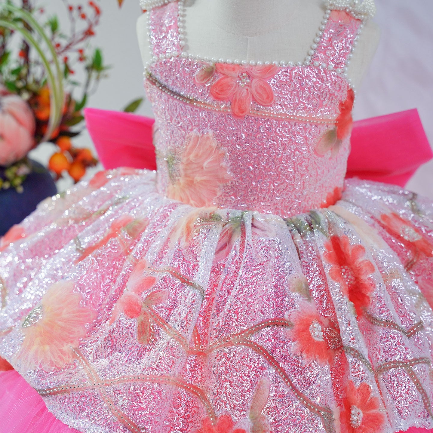 Sequin Floral Flower Girl Dress with Tulle Train J886 - view 5