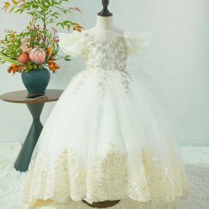 Off White Flower Girl Dress with Lace Appliques and Bow J346 - view 5