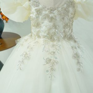Off White Flower Girl Dress with Lace Appliques and Bow J346 - view 6