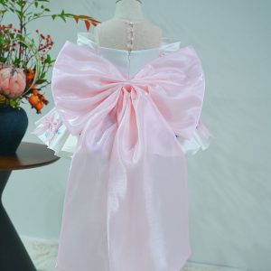 White Off-Shoulder Floral Satin Toddler Girl Dress with 3D Bows J883 - view 3