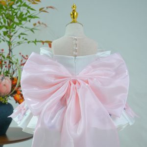 White Off-Shoulder Floral Satin Toddler Girl Dress with 3D Bows J883 - view 5