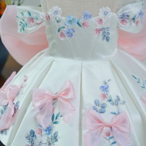 White Off-Shoulder Floral Satin Toddler Girl Dress with 3D Bows J883 - view 4