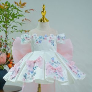 White Off-Shoulder Floral Satin Toddler Girl Dress with 3D Bows J883 - view 2
