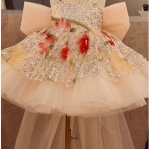 Sequin Floral Flower Girl Dress with Tulle Train J886 - view 13