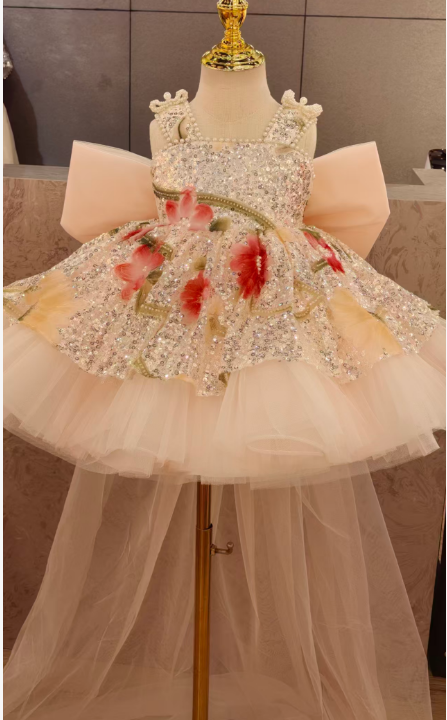 Sequin Floral Flower Girl Dress with Tulle Train J886 - view 13