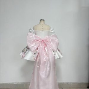 White Off-Shoulder Floral Satin Toddler Girl Dress with 3D Bows J883 - view 8