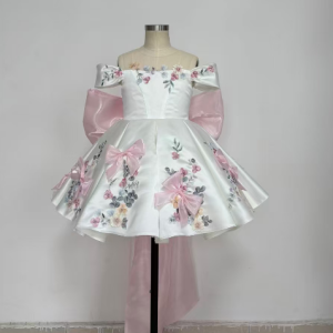 White Off-Shoulder Floral Satin Toddler Girl Dress with 3D Bows J883 - view 7