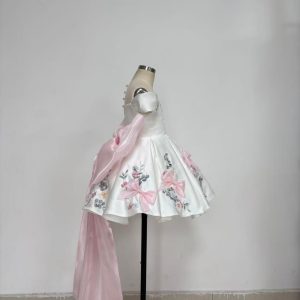White Off-Shoulder Floral Satin Toddler Girl Dress with 3D Bows J883 - view 9
