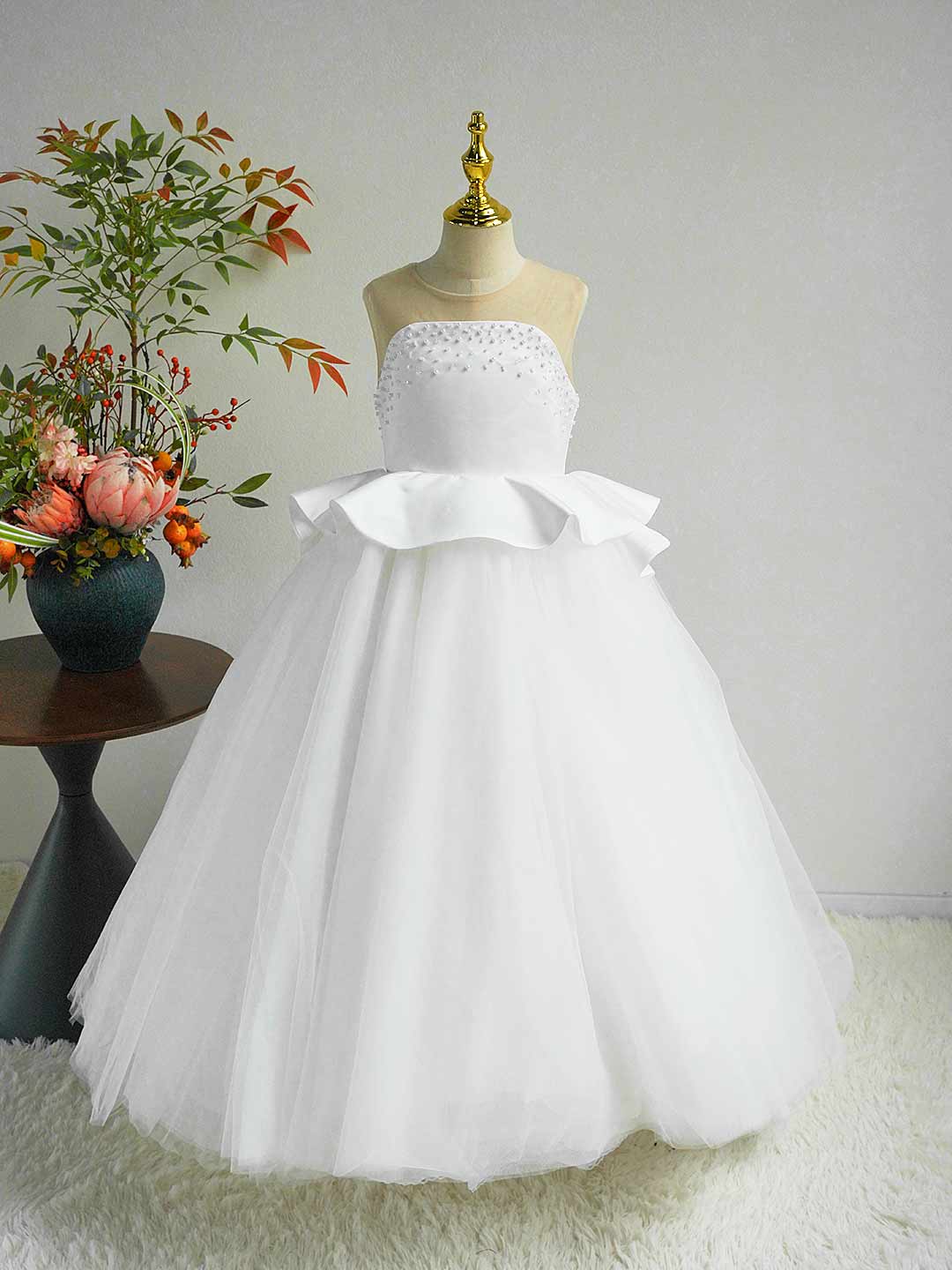 White and Black Flower Girl Dress with Beaded Bodice and Tulle Skirt J388 - view 2