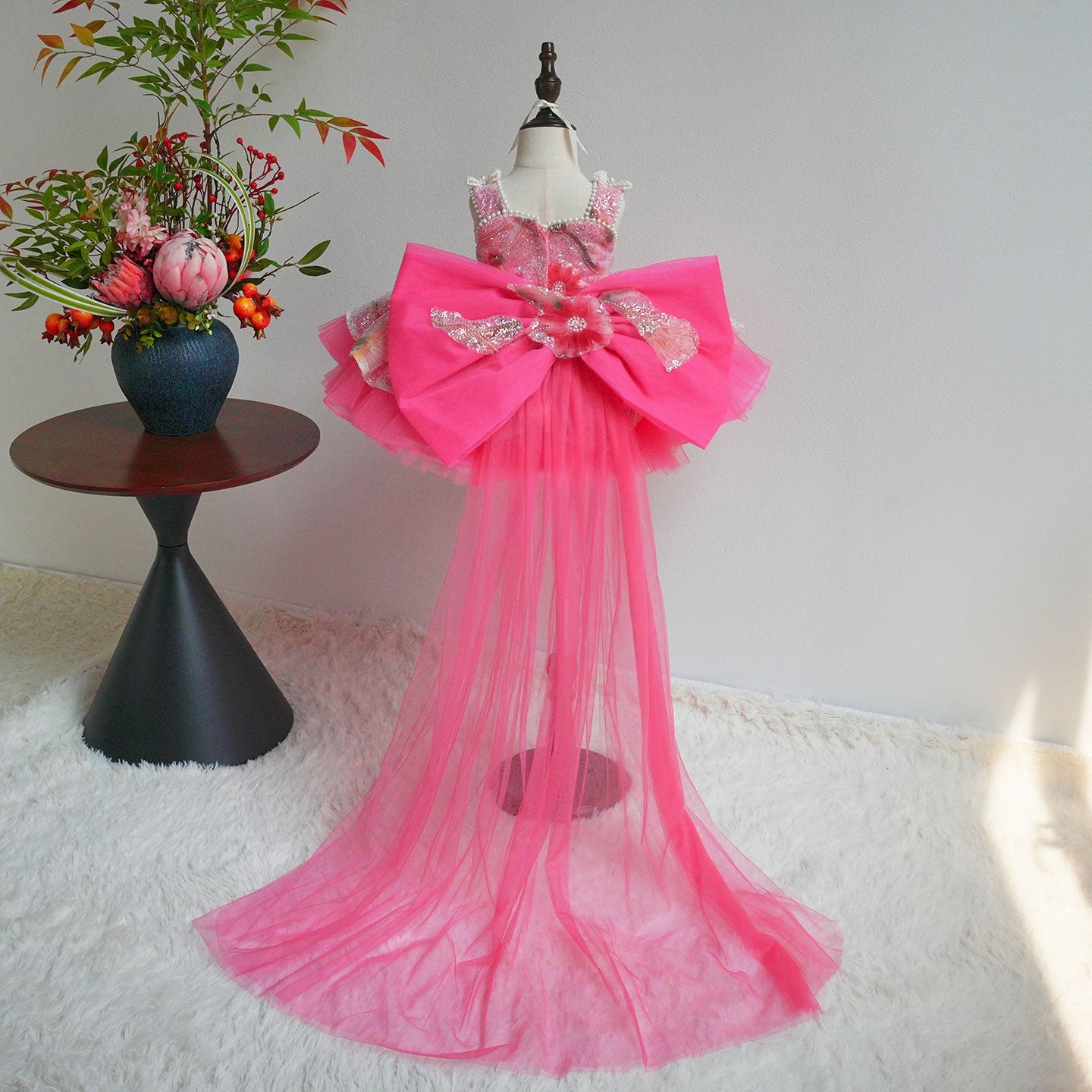 Sequin Floral Flower Girl Dress with Tulle Train J886 - view 3