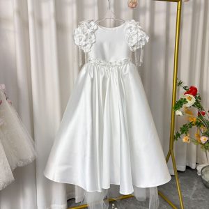 Dusty Pink Beaded Flower Girl Dress with Cap Sleeves and Handmade Flowers - view 12