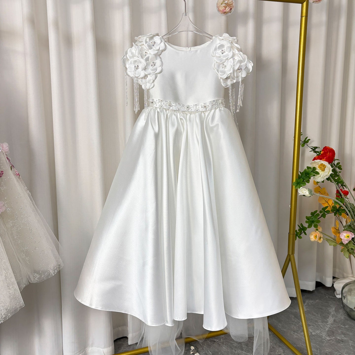 Dusty Pink Beaded Flower Girl Dress with Cap Sleeves and Handmade Flowers - view 12