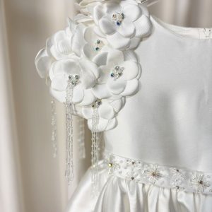 Dusty Pink Beaded Flower Girl Dress with Cap Sleeves and Handmade Flowers - view 13