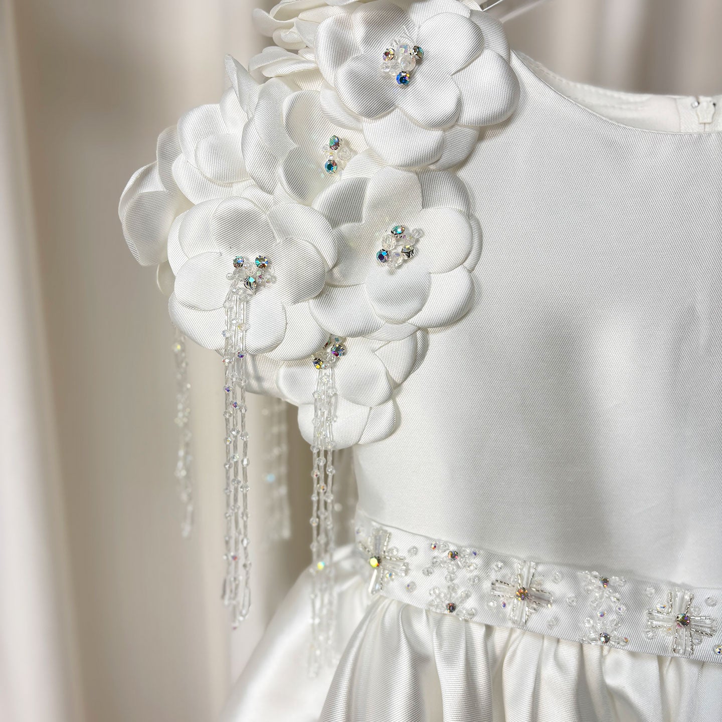 Dusty Pink Beaded Flower Girl Dress with Cap Sleeves and Handmade Flowers - view 13