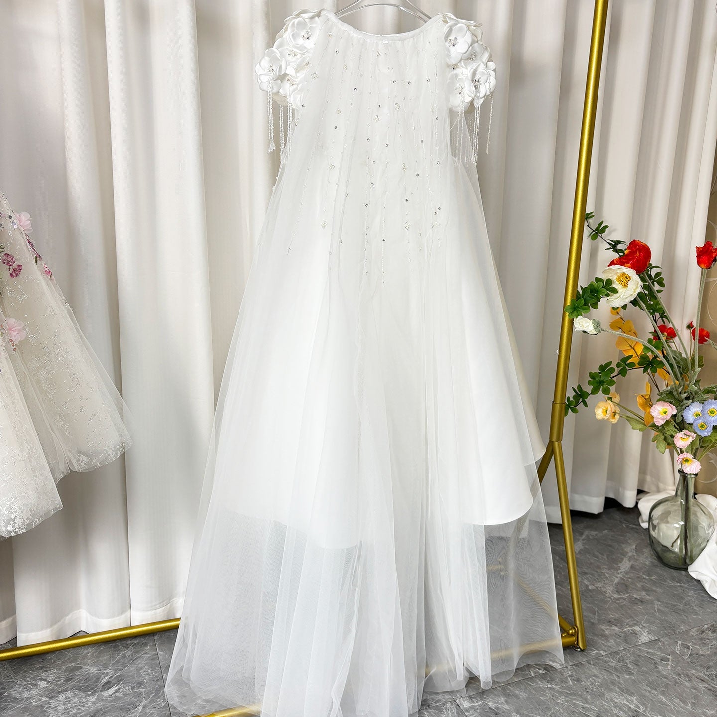 Dusty Pink Beaded Flower Girl Dress with Cap Sleeves and Handmade Flowers - view 16